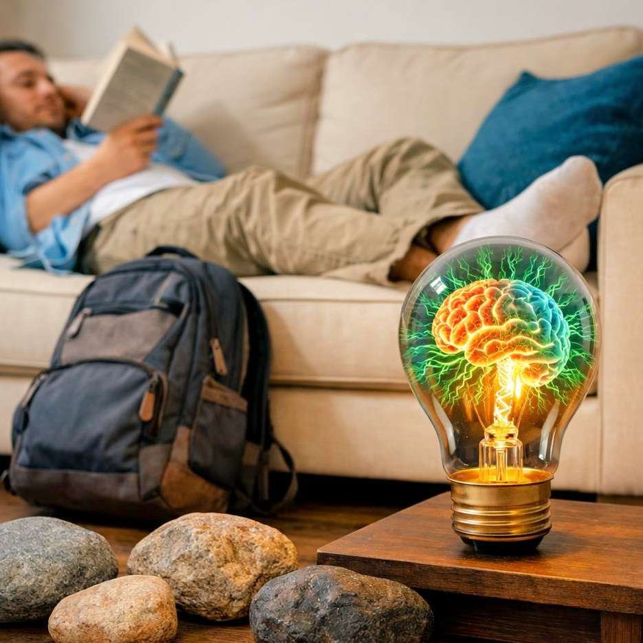 Relaxed reading on the couch the rocks of anxiety are not in the pack!